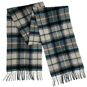 Ballantrae Edinburgh Mens 100% Lambwool Plaid Rectangular Scarf Grey Blue Fringe